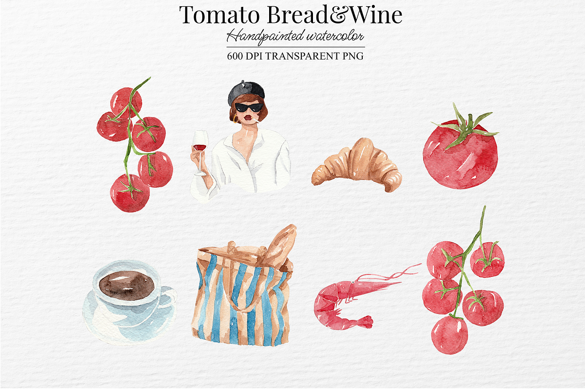 Tomato Bread Wine Watercolor Clipart, a Food Illustration by Marine art (Photo 2 of 5)