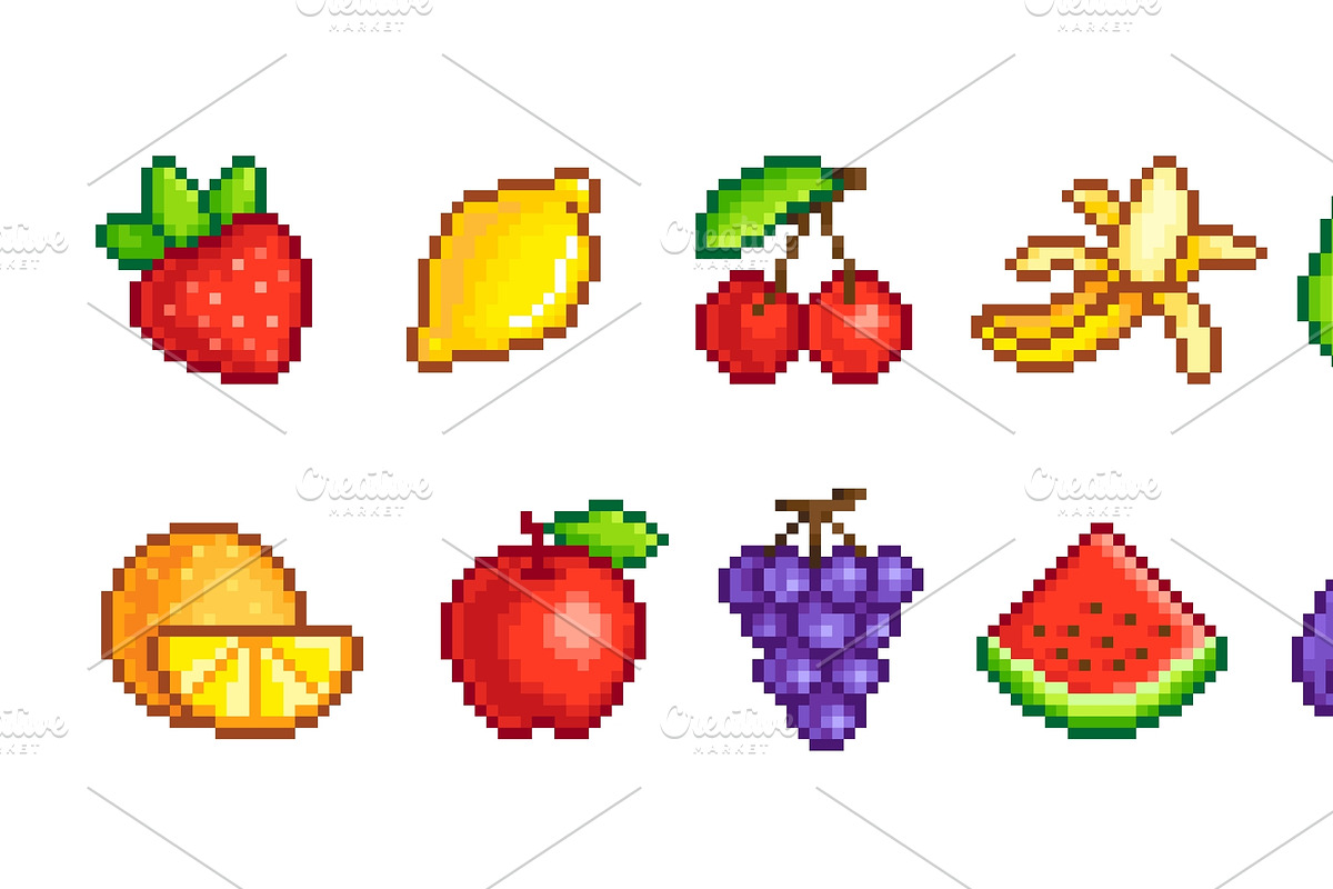 Pixel fruits. Pixelated icons fruit, a Food Illustration by LadadikArt (Photo 3 of 3)
