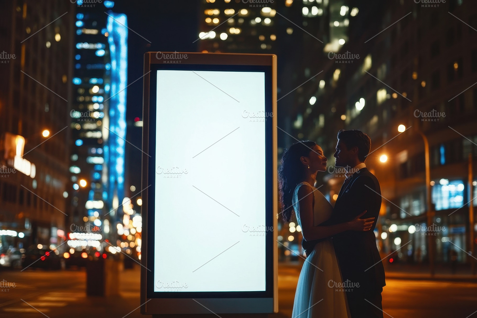 Couple embraces in front of a blank, a Photo by Pavel_design