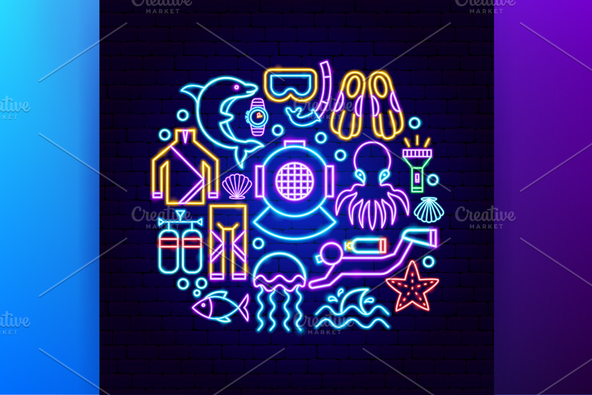 Scuba Diving Neon Vector Icons, an Outline Icon by Anna_leni (Photo 4 of 9)
