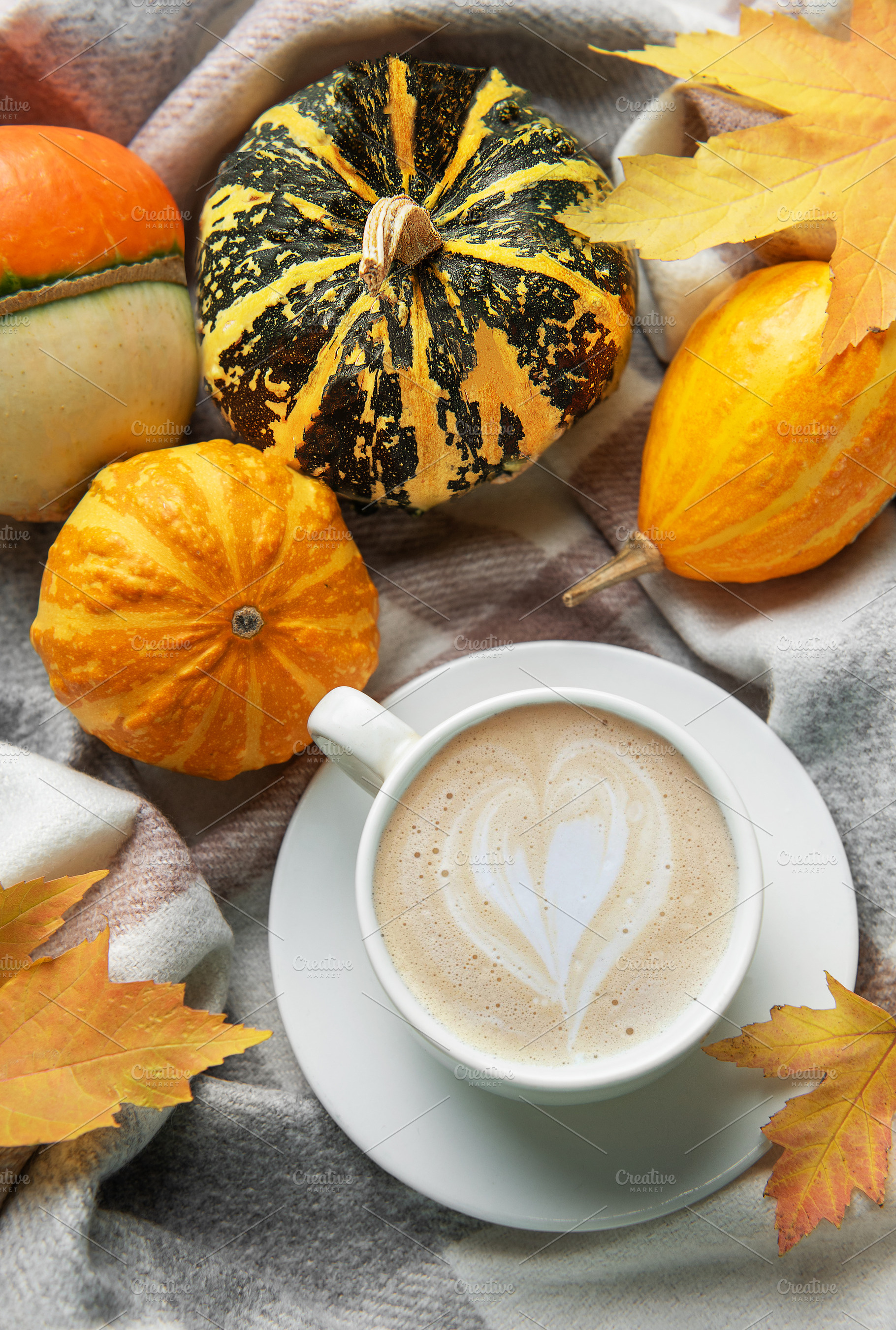 Warm coffee with latte art and autumn pumpkins, a Holiday Photo by Olena Rudo