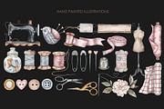 Watercolor vintage sewing clipart, an Illustration by AquarelleSpace (Thumbnail 3 of 4)