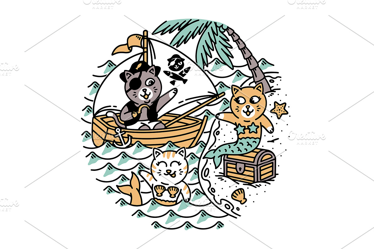 pirate cat and mermaid cat, an Animal Illustration by gunaonedesign (Photo 1 of 4)