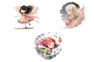 Set With Fairies In Watercolor Style