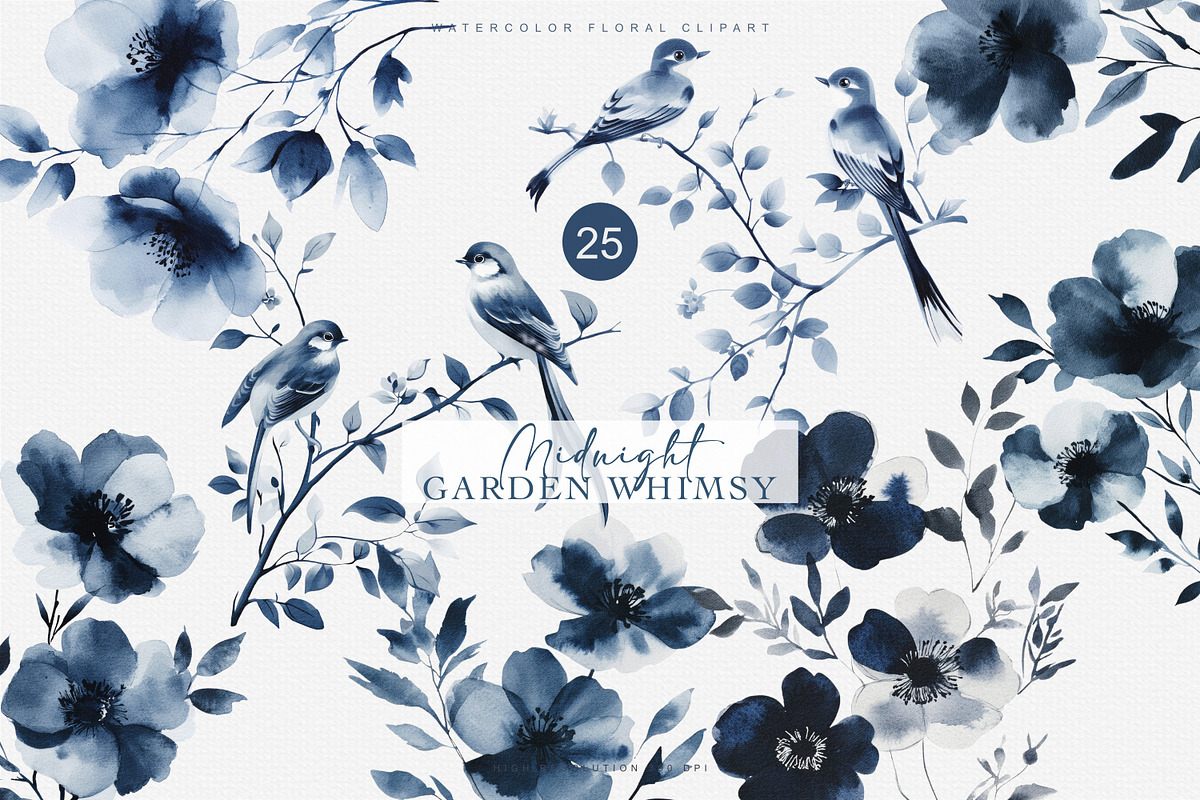 watercolor indigo blooms collection, a Decorative Illustration by Patishop Art (Photo 1 of 8)