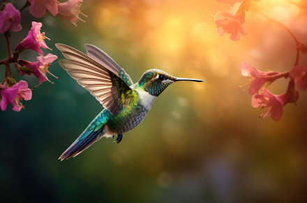 Hummingbird hovering mid-air iridesc, a Photo by SaroStock