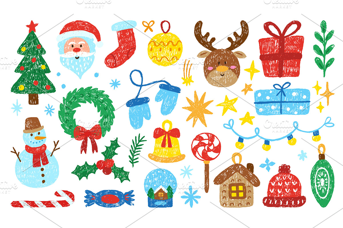 Crayon drawing christmas elements, an Object Illustration by Valerie Bodnar