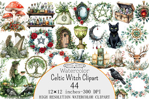 Watercolor Celtic Witch Clipart, a Seasonal Illustration by Design Market