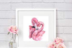 Watercolor Flamingo Clipart. Tropic