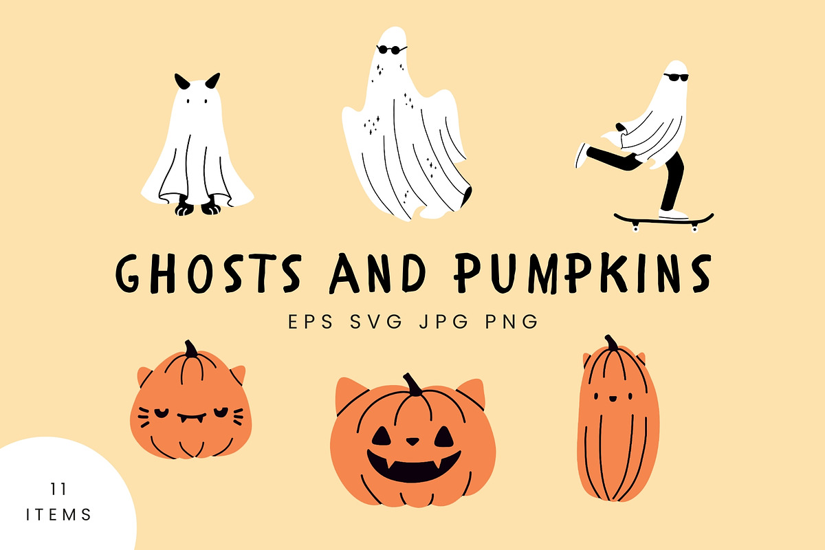 Hand-drawn Ghost & Pumpkin Clipart, a Seasonal Illustration by Kristina Chistiakova (Photo 1 of 3)
