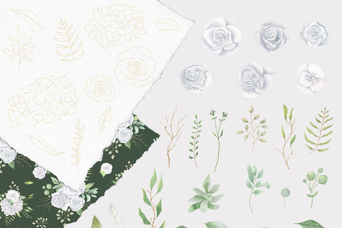 White & Green  boho flowers clipart, a Decorative Illustration by Nebbia (Photo 2 of 11)