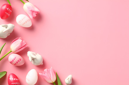 Happy Easter greeting card template with tulips and colorful Easter eggs on pin