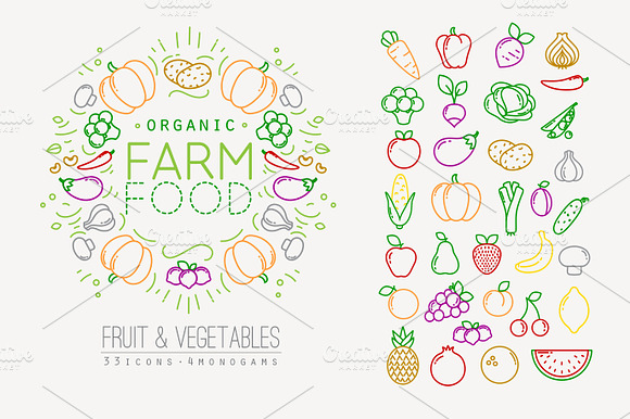 Flat Fruits Vegetables Icons
