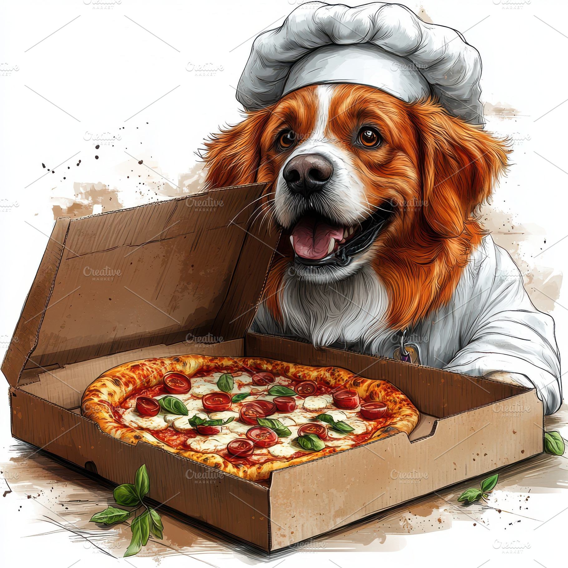 Funny dog in chefs hat with an open, an Animal Photo by Pixeness Studio