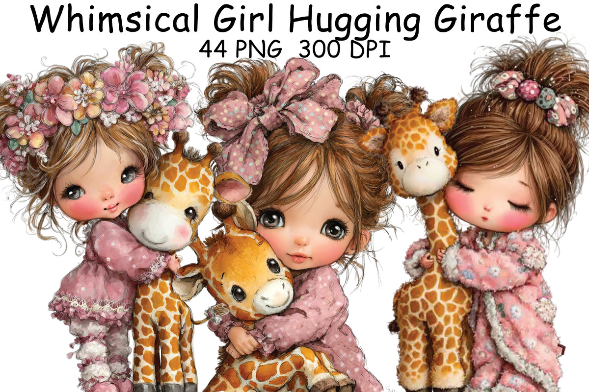 Whimsical Girl Hugging Giraffe PNG, an Illustration by CraftArtStudio (Photo 1 of 6)