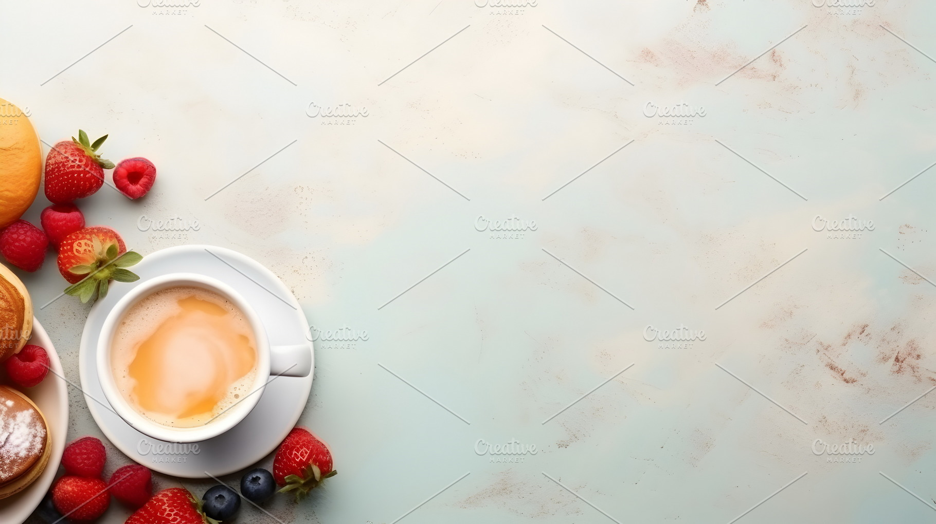 Breakfast scene with coffee and fruits, fresh start, healthy, su, a Food & Drink Photo by Mashimara