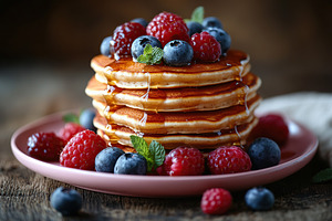 Fluffy pancakes stacked high with fresh berries and sweet syrup on a rustic pla, a Food & Drink Photo by AlyaAnd
