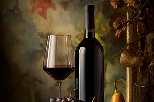 Red wine bottle and glass with fresh fruits, grapes, and pears depicting autumn, a Food & Drink Photo by Studio ANNA