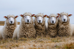 A cozy group of five sheep with thic, an Animal Photo by Pixeness Studio