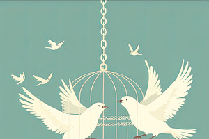 Beautiful illustration of white doves freeing from a decorative golden cage, an Illustration by AS photostudio