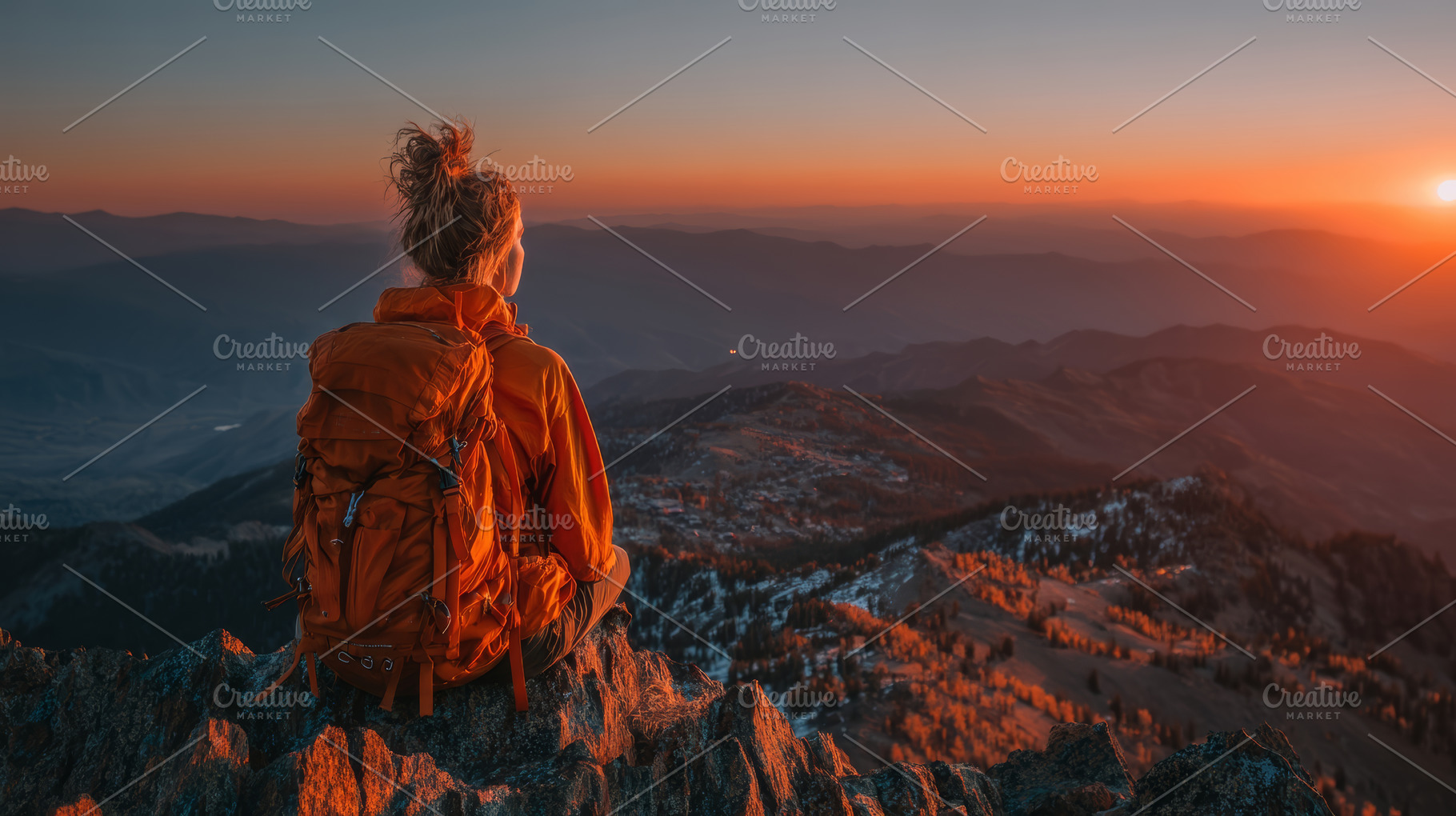Hiker with orange backpack overlooks mountains at sunset from a, a Photo by AS photostudio
