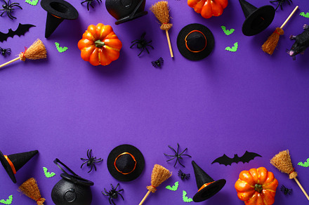 Happy Halloween holiday concept. Frame made of Halloween decorations, pumpkins,, a Holiday Photo by photoguns