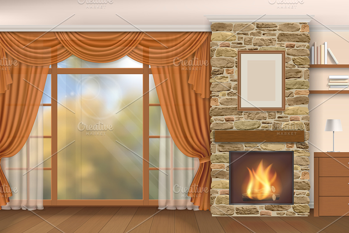 Living room interior with fireplace, a Decorative Illustration by belander