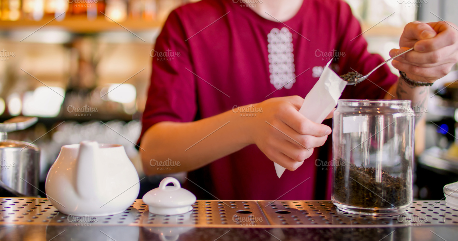 Tea shop preparing sachet drink barista paper pack, a Food & Drink Photo by Photo Drive Studio