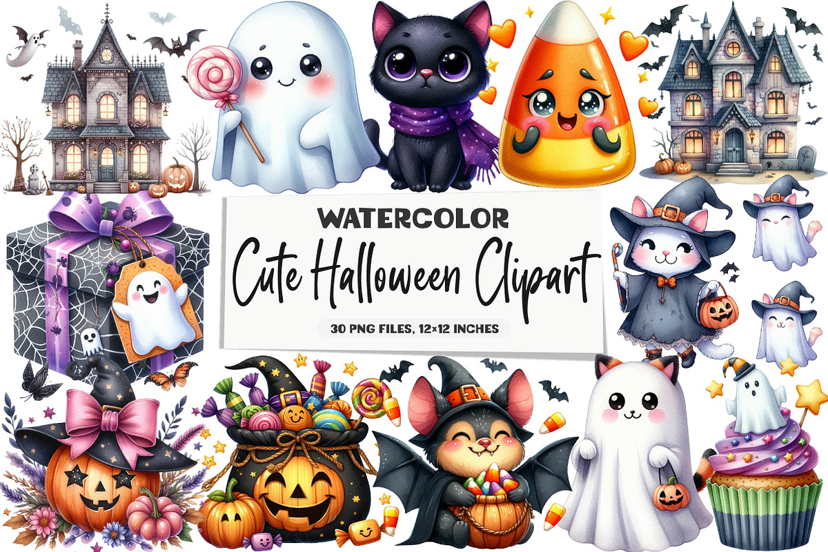 Cute Halloween Watercolor Clipart Bu, an Illustration by DreamArtGraphic (Photo 1 of 4)