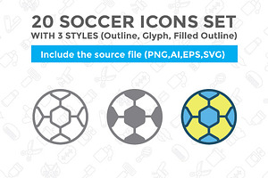 20 Soccer icon set with 3 styles