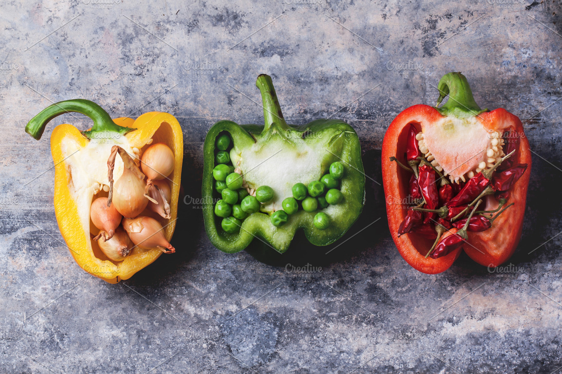 Stuffed red and yellow paprika stock photo containing pepper and red
