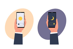 Hand holds smartphone with day and, a Technology Illustration by YummyBuum
