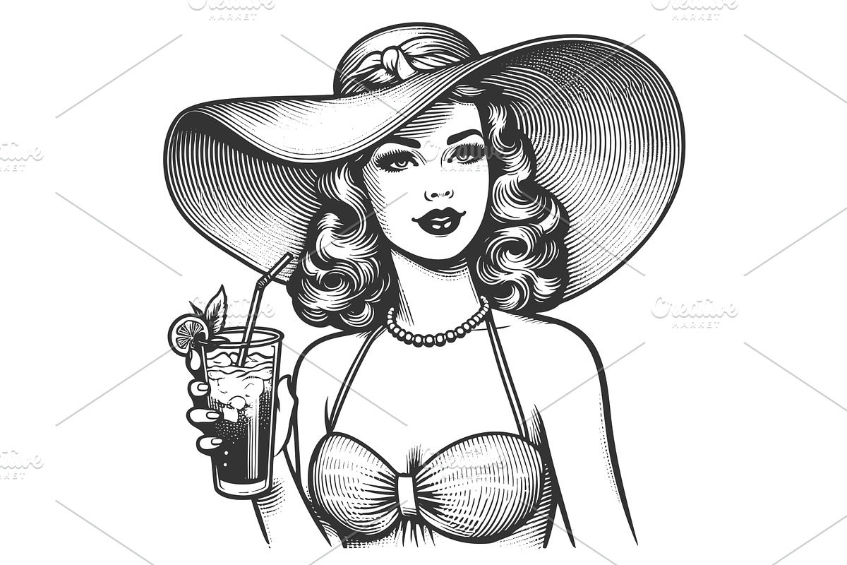 woman in sunhat holding summer drink, a Person Illustration by AlexArt