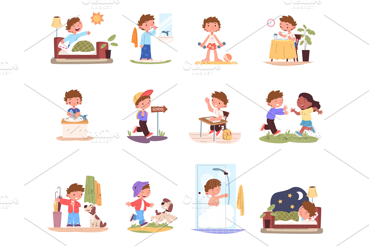 Boy daily routine. School kid day, an Illustration by Stock-Smart-Start