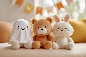 Cute plush toys sitting together in a cozy room with cheerful decorations, a Photo by AlyaAnd