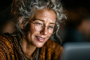 Mature woman learning on laptop at home smiling as she uses technology for onli, a Photo by AS photostudio