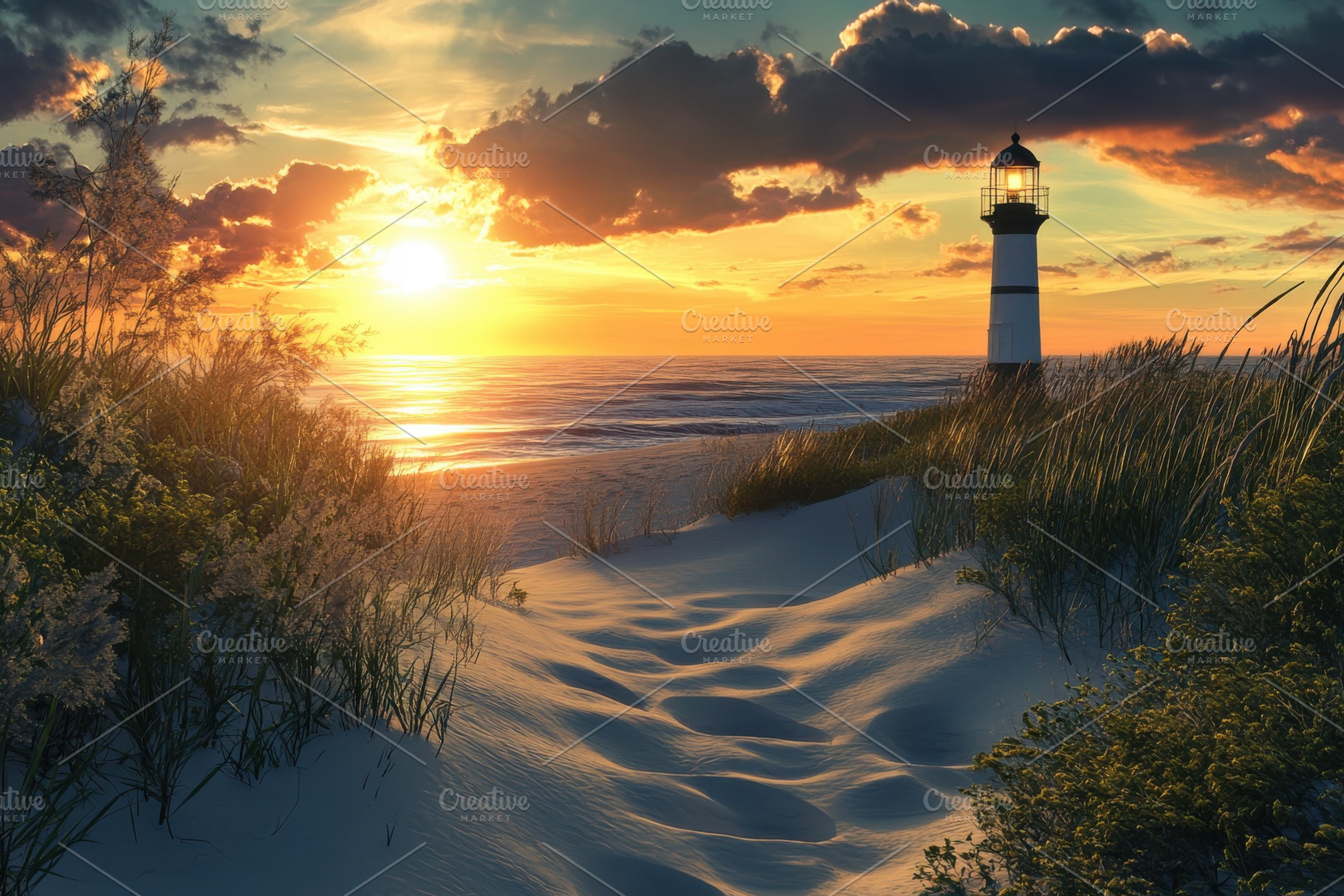 Lighthouse Sunset Beach Coastal Scen, a Photo by Pixeness Studio
