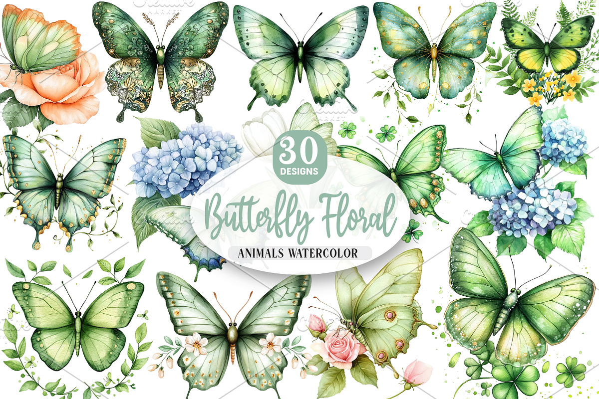 Watercolor Green Butterfly Floral, an Illustration by Watercolor design (Photo 1 of 5)