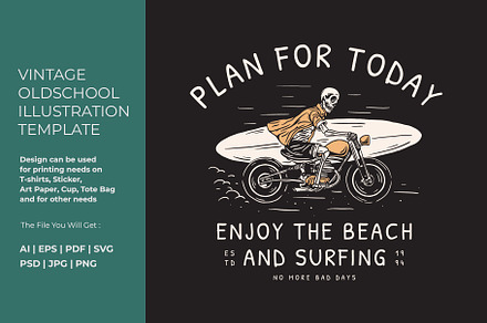 Vintage Old School Skull Surf