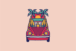 Beach Buggy with Surfboards and Palm, an Illustration by nomlimo.com