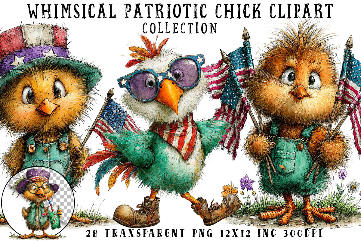 Whimsical Patriotic Chick Clipart, an Illustration by OK Design (Photo 1 of 6)