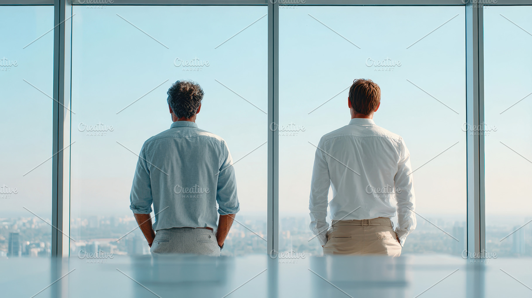 Businessmen overlooking city skyline, a Business Photo by AlyaAnd