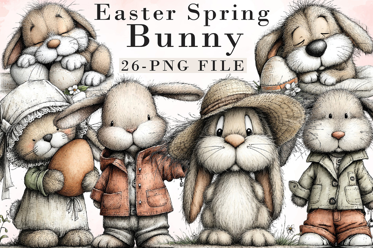 Vintage Easter Spring Bunny Clipart, an Illustration by Libby Wishes (Photo 1 of 8)