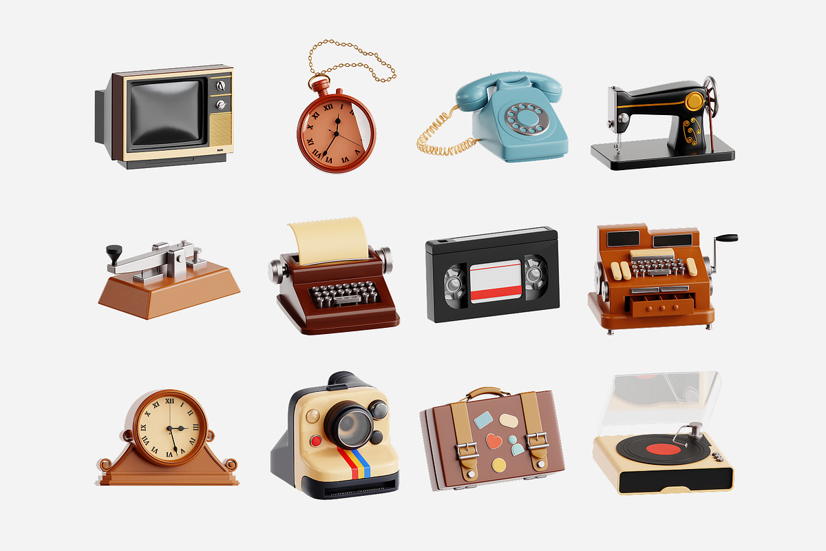 Vintage Object 3D Icon Set, a Furniture 3D Model by Eklip Studio (Photo 3 of 3)