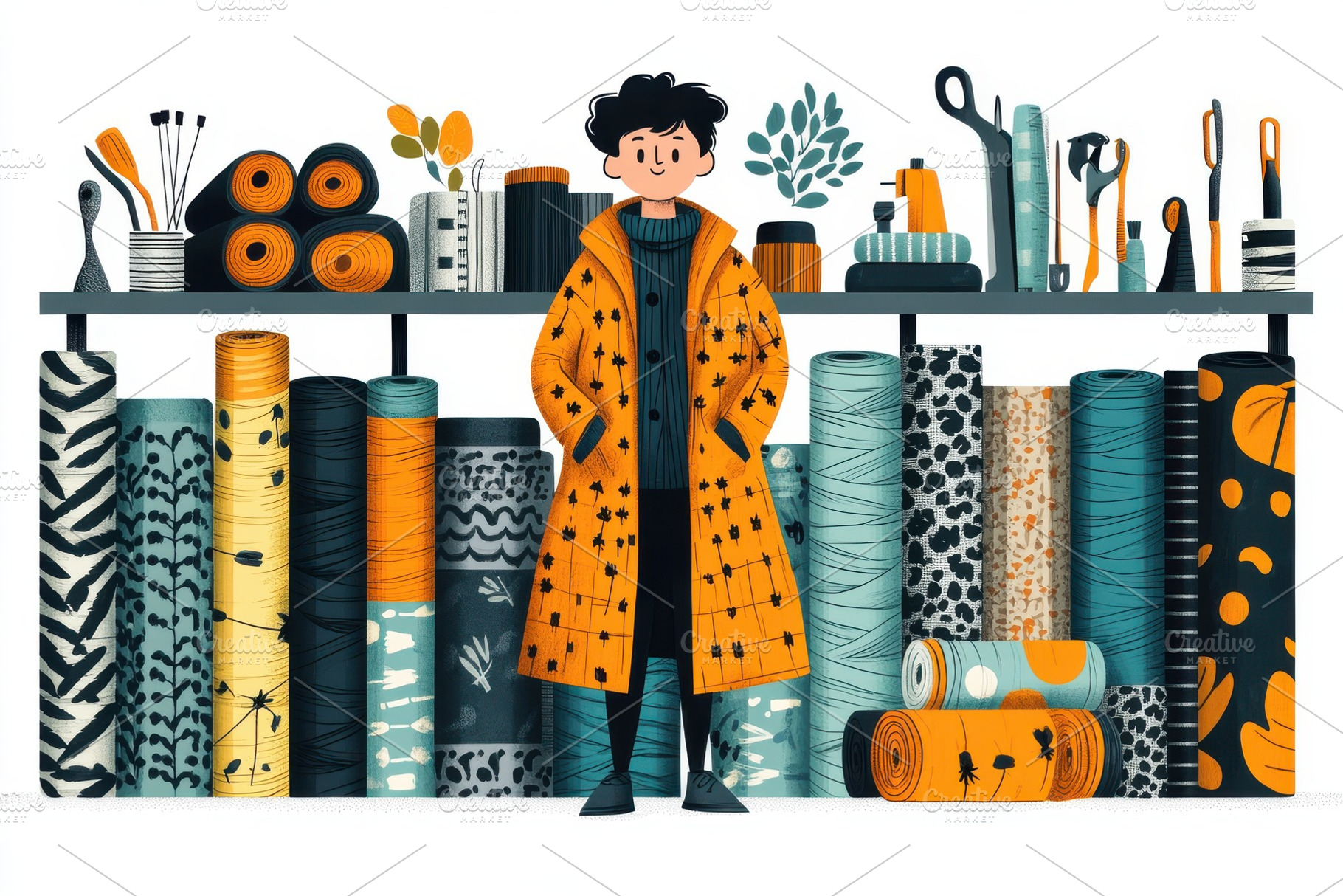 Fashion designer amidst colorful fab, a Background Photo by Pixeness Studio