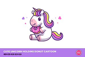 Cute Unicorn Holding Donut Cartoon