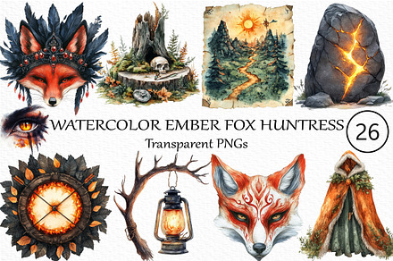 Watercolor Ember Fox Huntress PNG