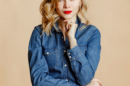 Blueeyed blonde in a jeans shirt featuring background, woman, and business, a Person Photo by Balchugova_photo