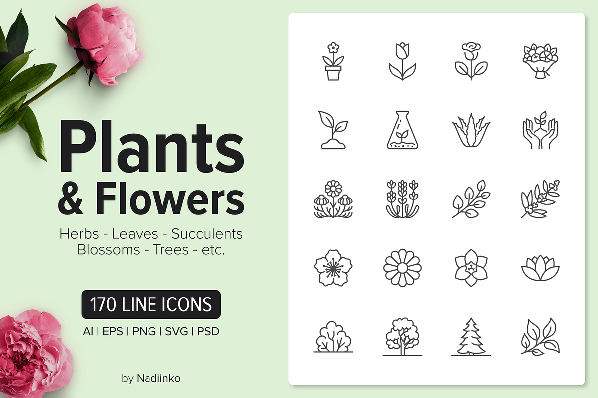 170 Plants & Flowers Icons, an Outline Icon by Nadiinko (Photo 1 of 5)