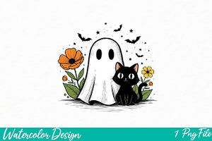 Cute Halloween Ghost and Cat Png, an Illustration by Watercolor design